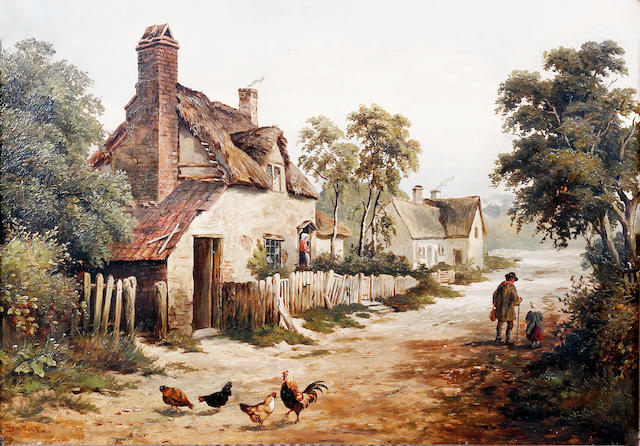 H Baker (British 19th century) Country lane with figures and cottages, signed lower left, on canvas, 34 x 49cm See illustration centre pages