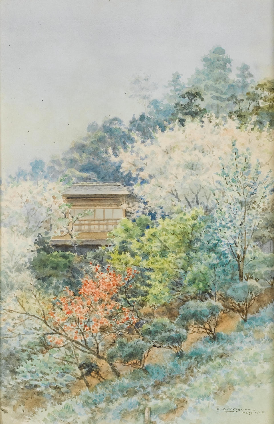 Charles Wirgman, Jr. (British, 1864-1922) Mount Fuji from Shichirigahama Beach, Japan; A Japanese garden in bloom 23 x 63.5 cm. (9 x 25 in.); 48 x 30.5 cm. (19 x 12 in.) ((2))