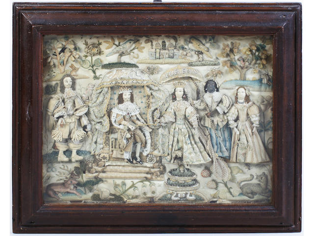 A 17th century raised work picture of the Arrival of the Queen of Sheba at King Solomon's Encampment