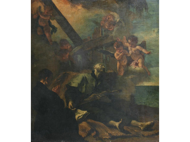 Italian School, 17th century The death of St Francis Xavier, with an attendant and putti,