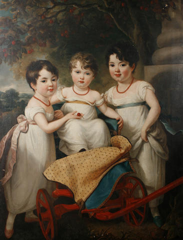 English School, early 19th Century A portrait of three children below a cherry tree