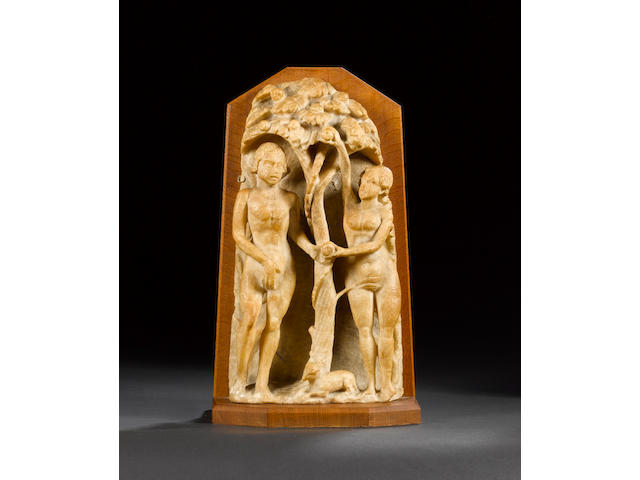 A 17th century Malines alabaster figural group depicting Adam and Eve in the Garden of Eden