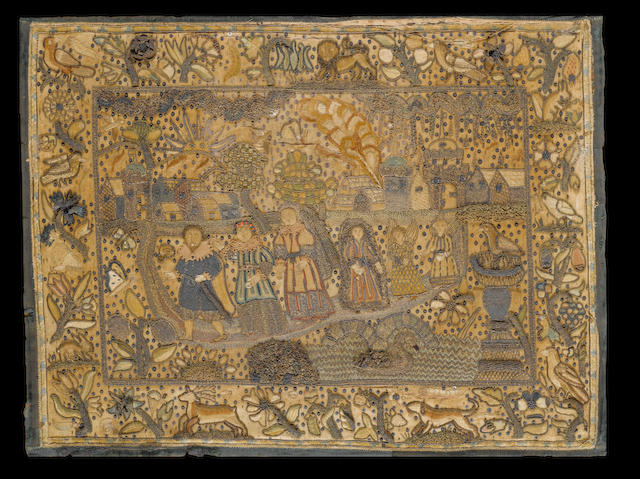 A fine mid 17th century raised work needlework Panel depicting Lot and his family in flight