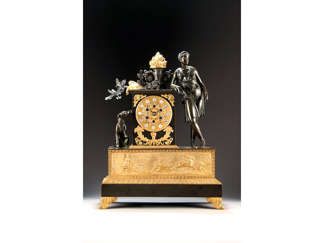 An early 19th Century French Empire style cast bronze and brass figural mantel clock Anonymous, circa 1820 sold with winder