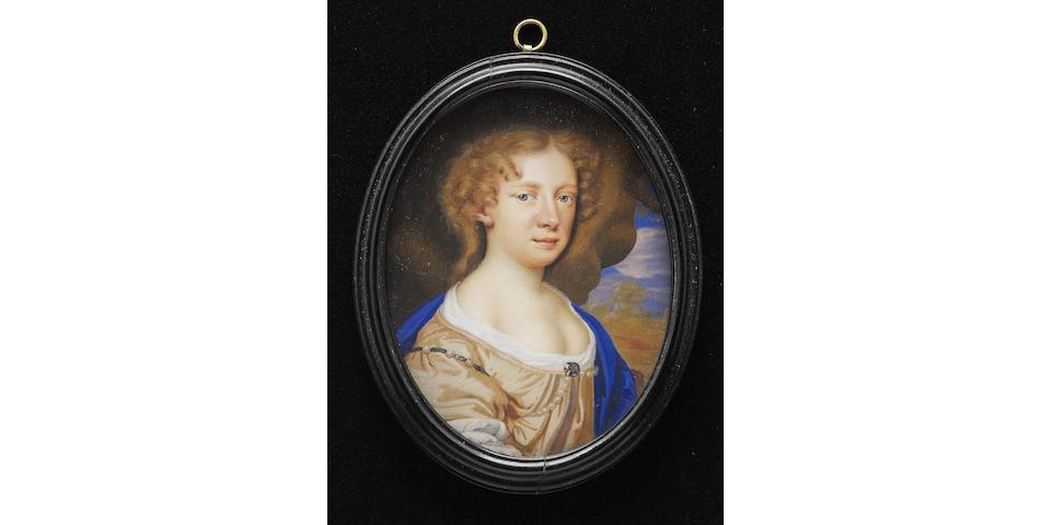 Circle of Mary Beale (British, 1633-1699) A portrait of the artist, Mary Beale (n&#233;e Craddock) (1633-1699), wearing pale ochre-coloured dress with white underslip, three pearls on a ribbon about her right shoulder, further pearls across her chest, held at her corsage by a brooch and blue cloak, her light brown hair curled, landscape background