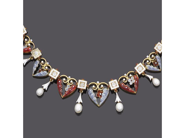 A late 19th century enamel, diamond and pearl fringe necklace,