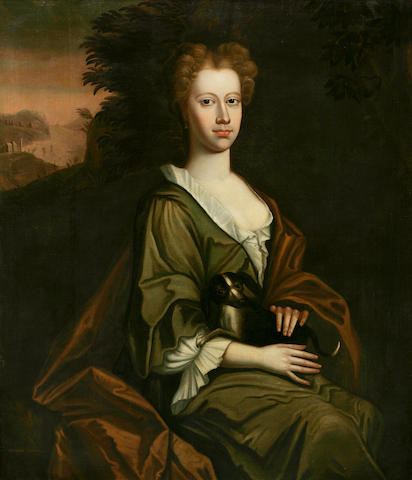 Scottish School, c1670 Sussana Campbell, with her dog, in a landscape
