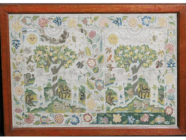 A 17th century needleworked book cover depicting Adam and Eve