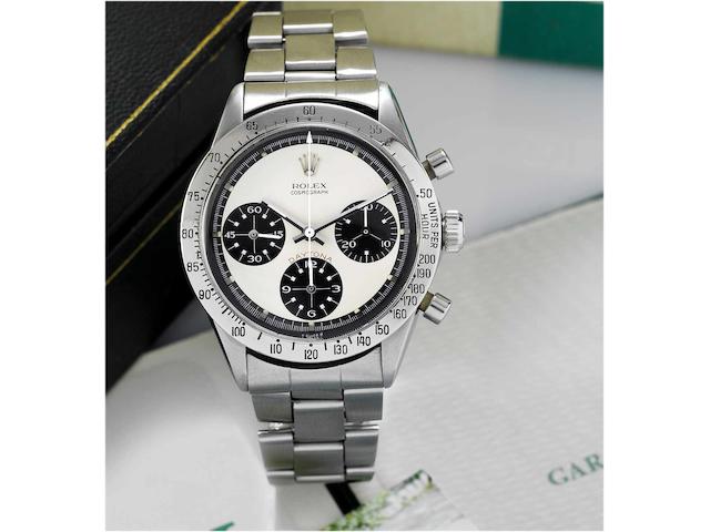 Rolex. A fine and rare stainless steel chronograph wristwatch together with original Rolex guarantee, fitted box and instructionsCosmograph Daytona, "Paul Newman", Ref.6262/6263, Circa 1970, Sold September 1976