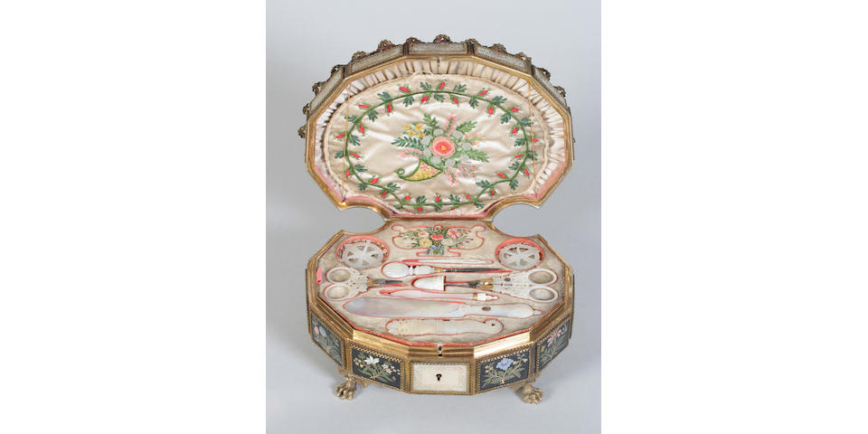 A fine French Palais Royal fully fitted musical sewing box of scallop shell form