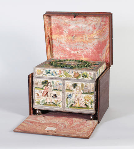 The Gape Casket: A fine mid-17th century needlework casket of rectangular form, executed in a variety of stitches and techniques