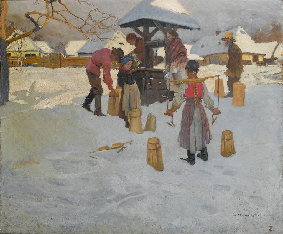 Alfons Karpinski (Polish, 1875-1961) Family around a well 87.5 x 106.5 cm (34 1/2 x 41 3/4 in)