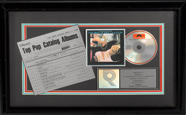 An RIAA double Platinum award for the album 'Timepieces The Best Of Eric Clapton',