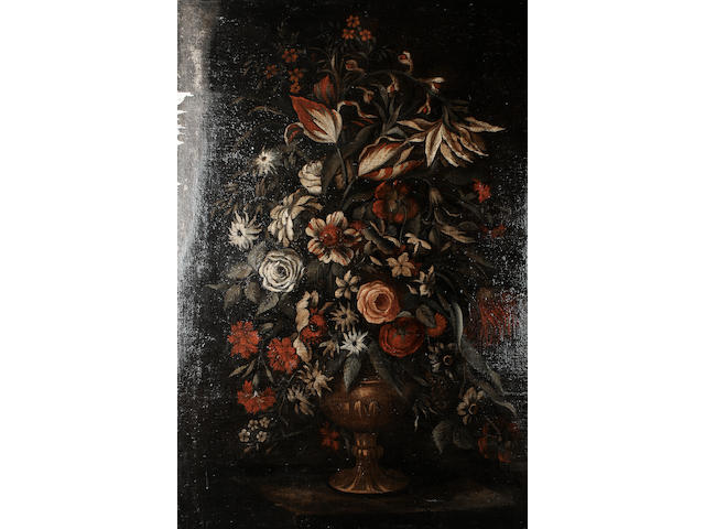 Manner of Giacomo Recco Lillies, tulips, roses and other flowers in a bronze vase; and Roses, each 113.4 x 74.7 cm. (44 5/8 x 29 3/8 in.) (2)