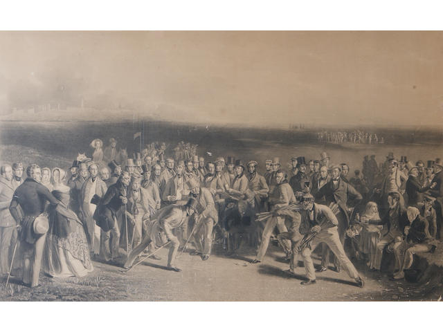 Lees, Charles 1800-1880: The Golfers (A Grand Match played over St. Andrews Links in 1841&#8217;) An original stamped &#8216;First Class Proof&#8217; engraving in black and white, dated 20th December 1850, glazed and framed in a maple frame with gold border. 26 x 36 inches