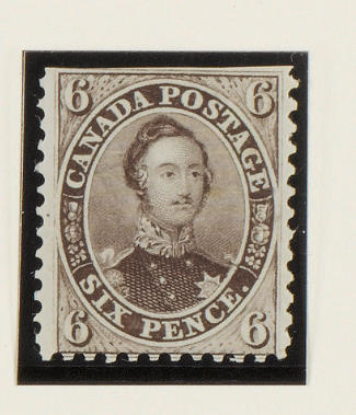 Canada: 1858-59 6d. brownish grey mint, cut straight just above top frame line, small gum bend, apparently unmounted, photocopy of Philatelic Foundation Certificate (1972) for a pair from which this example comes. (724)