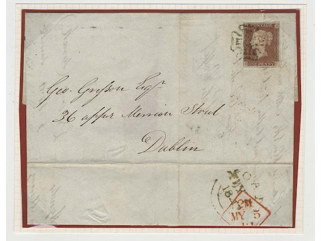 1841 1d.: JC, close at left to very large margins, tied to 1842 (May 4th) Irish E.L. from Moate to Dublin by clear M.C. in olive-green with matching Moate datestamp on reverse, filing fold well clear of adhesive, a very scarce cover, MacDonnell-Whyte Certificate (1997). SG Spec. B1sd, &#163;15,000.