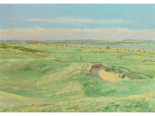 Bligh, The Honorable, Noel G (1888-1984): The 7th hole at Royal St. Georges circa 1930s Showing the old club house at Prince&#8217;s in the back ground, oil on board, in original frame. 10 x 13&#189; inches