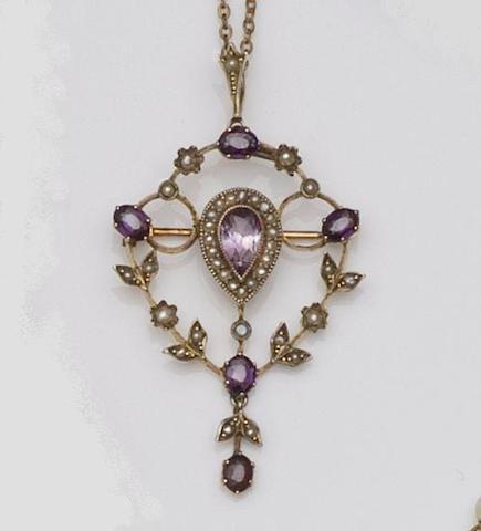 An Edwardian amethyst and seed pearl pendant/brooch