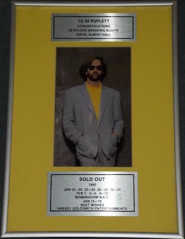 An Eric Clapton 'Sold Out' concert award, 1990,