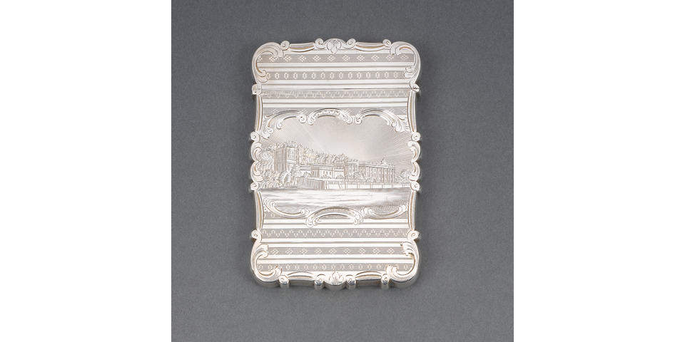 A Victorian silver pictorial card case, by Nathaniel Mills, Birmingham 1874,