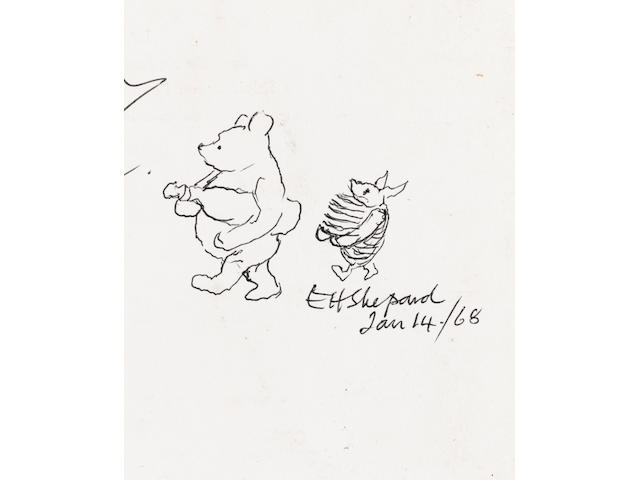 SHEPARD (E.H.) ORIGINAL ARTWORK An original ink sketch of Winnie-the-Pooh and Piglet, the first carrying a large bottle, the latter with a stack of dishes