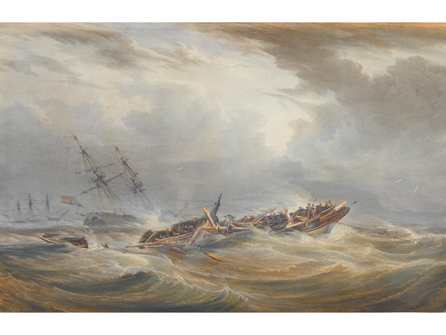 William Joy (British, 1803-1867) A dismasted vessel in the teeth of a storm