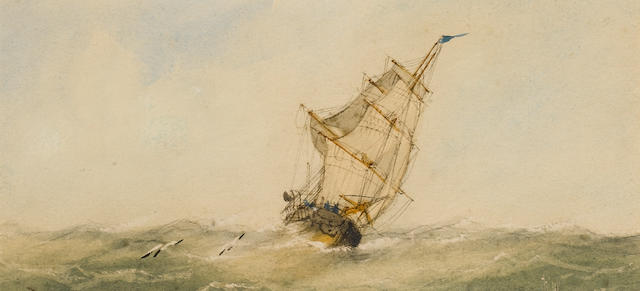 Richmond Markes (British, 19th Century) Sail and steam; A schooner under full sail each 9.5 x 21cm (3 3/4 x 8 1/4in) (2).