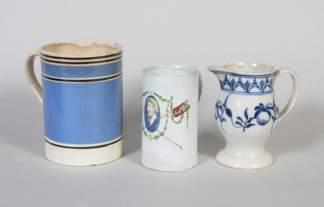 A pearlware mug, a jug and a mocha ware mug Early 19th Century