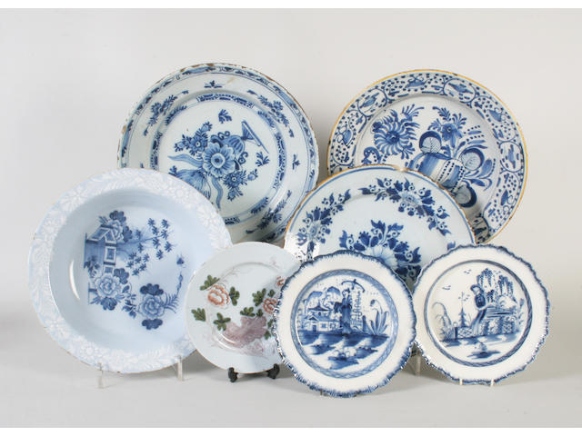A Bristol delft plate, an English polychrome plate, a pair of pearlware plates, and three Dutch delft dishes