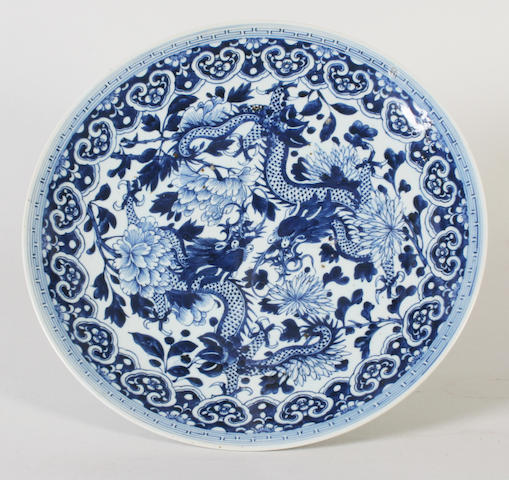 A large Chinese blue and white charger 19th Century