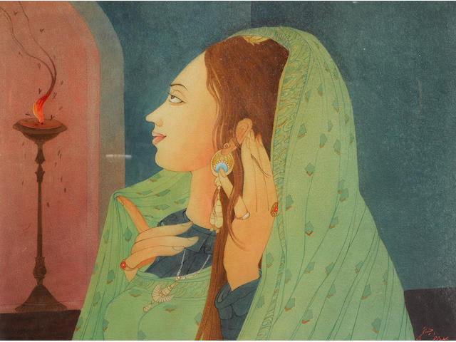 Abdur Rahman Chughtai (Pakistan, 1897-1975) Maiden contemplating moths at a flame