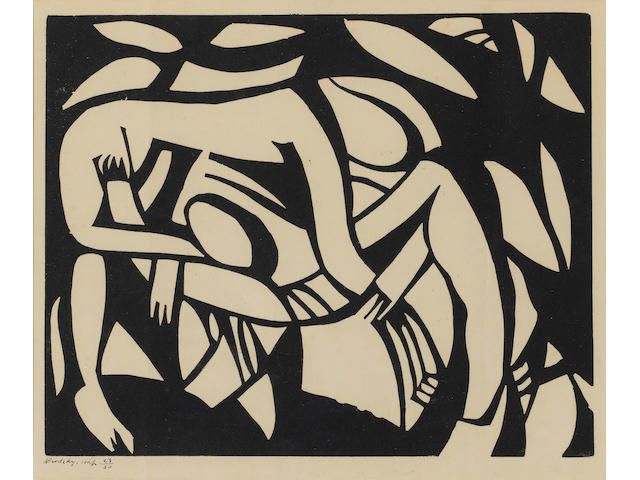 Henri Gaudier-Brzeska (French 1891-1915) Wrestlers Linocut, c.1914, printed in black, on cream wove, signed by Horace Brodsky and numbered 23/50 in black ink; time and faint mount staining, stuck down along right sheet edge, previously folded with two resultant vertical creases, soft horizontal 3 inch crease lower left margin, two tears top left corner in the margin, scattered foxing in margins, 225 x 278mm (8 4/5 x 10 4/5in)(I)