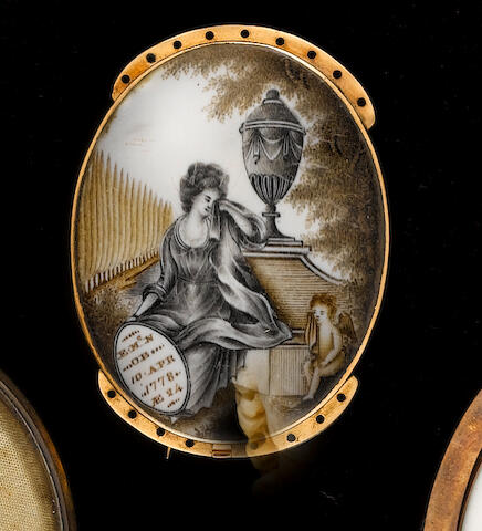 Bonhams English School 1778 A Memorial Miniature Of A Lady At A Tomb Holding Plaque Inscribed E Mc N Ob 10 Apr 1778 Ae 24