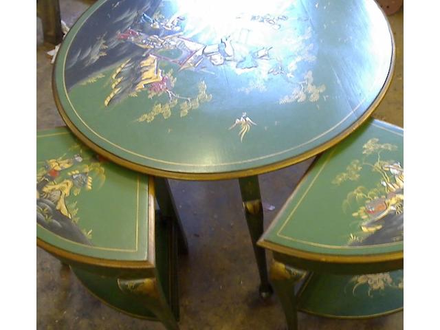 A George V green and gilt Japanned nest of occasional tables,