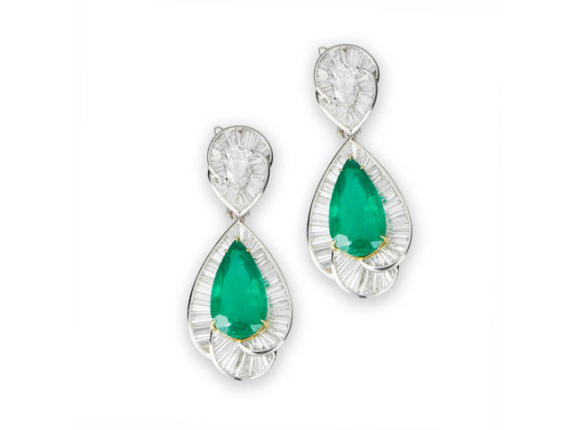 A pair of emerald and diamond earrings, by Dianoor
