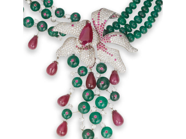 An emerald, ruby and diamond necklace