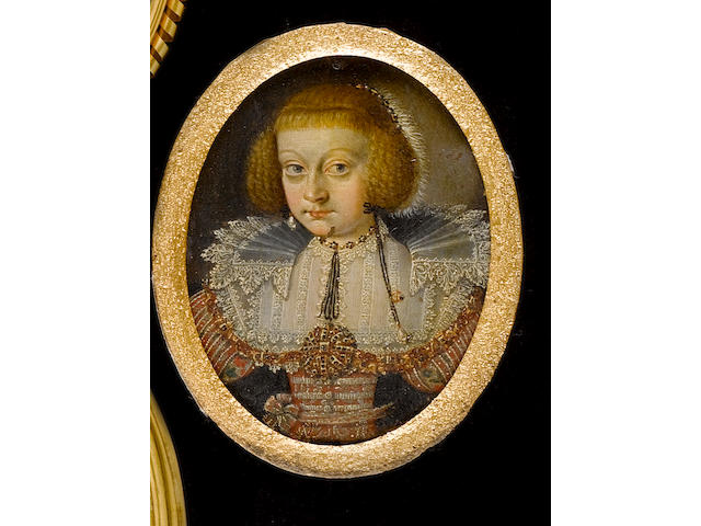 Flemish School, circa 1610 A Lady, wearing silver embroidered red dress with white lace bonnet and ruff, a large gold jewel on black ribbon hanging from a necklace, pearl and ring on a black ribbon hanging from her ear and jewelled slide and white fur in her auburn hair