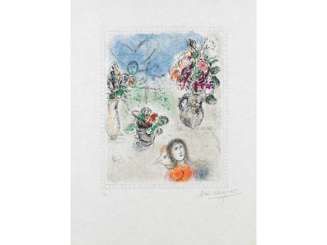 Marc Chagall (Russian/French, 1887-1985) Les Trois Bouquets Lithograph, 1976, printed in colours, on japan nacre, a proof impression, signed and inscribed II/X in pencil (aside from the numbered edition of 50), mounted onto glass at top sheet corners with resultant staining front and back, corner crease top left, minor fox spots, otherwise in very good condition, unexamined out of the frame, 650 x 490mm (25 1/2 x 19 1.4in)(SH)