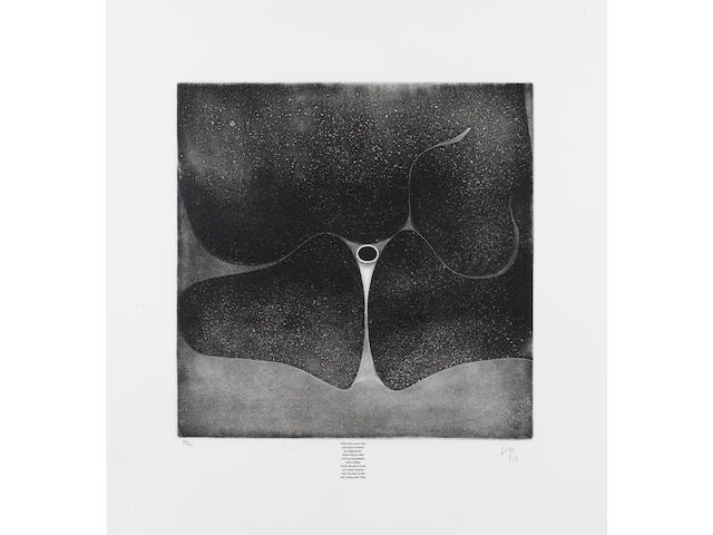 Victor Pasmore R.A. (British, 1908-1998) When the curtain falls Etching, aquatint and screenprint, 1974, with poetry below the image by the artist, printed in black and grey, on wove with wide margins, signed, dated and numbered 39/60 in pencil, printed by White Ink Ltd, published by Marlborough Graphics, 398 x 400mm (15 3/5 x 15 2/3in)(PL); together with another by the same hand, 'Points of Contact - Transformation (A)', signed, dated and numbered 28/60 in pencil, (1 unframed) 2