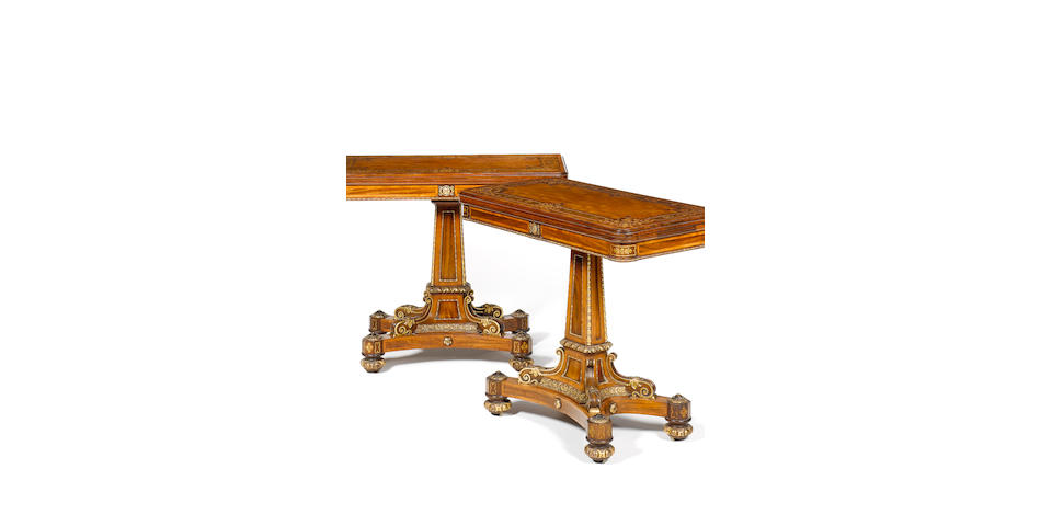 A fine pair of early Victorian satinwood, walnut, sycamore marquetry  and parcel gilt Card Tables