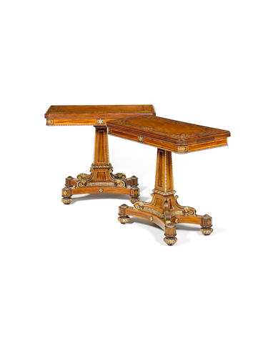 A fine pair of early Victorian satinwood, walnut, sycamore marquetry  and parcel gilt Card Tables