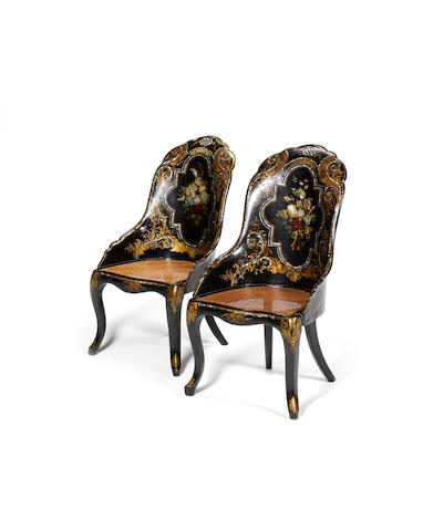 A pair of Victorian ebonised parcel gilt and polychrome decorated and mother of pearl inlaid papier mache Side Chairsattributed to Jennens and Bettridge