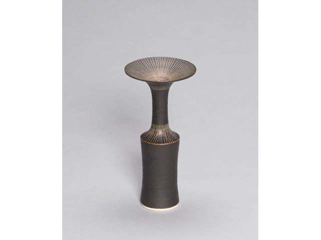 Dame Lucie Rie a cylindrical Vase flared lip, circa 1980 Height 24cm (9 3/8in.)