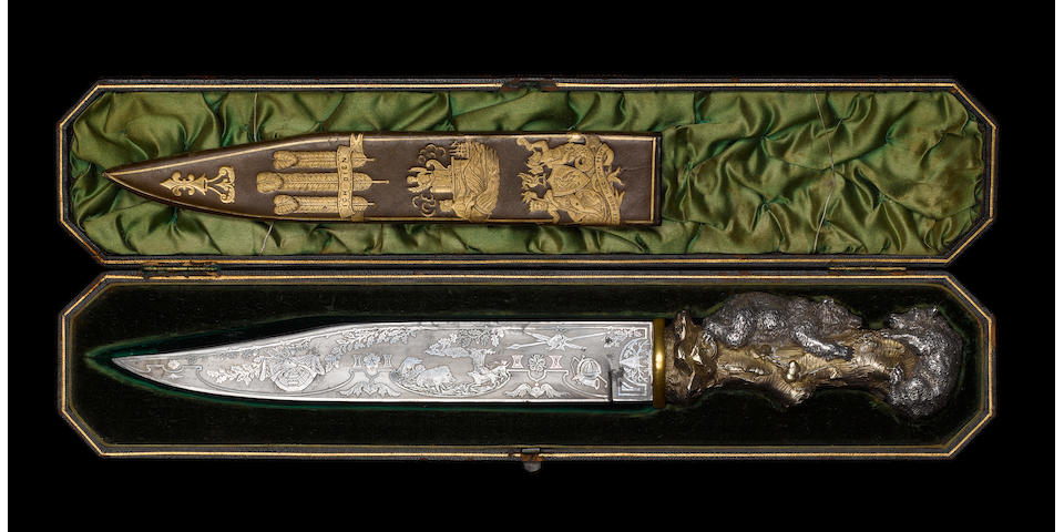 A Fine And Rare Cased Hunting Knife Commemorating The Opening Of The Dock Gates Into The New North Docks, Liverpool By H.R.H. The Prince Of Wales On 8 September 1881