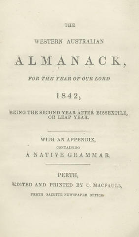 AUSTRALIAN ABORIGINAL The Western Australian Almanack... 1842... With an Appendix, Containing a Native Grammar