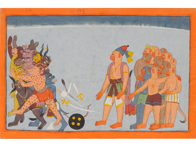 An illustration from the 'Shangri' Ramayana: Hanuman with his monkey army forcing a troop of demon warriors to throw down their arms Kulu, circa 1700-1710