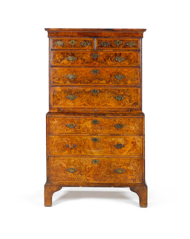 A George I burr walnut and featherbanded Chest on Chest