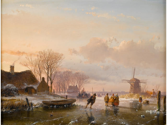Andreas Schelfhout (Dutch, 1787-1870) Skaters and figures on a frozen river, Haarlem in the distance