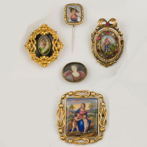 Six miniature portrait brooches